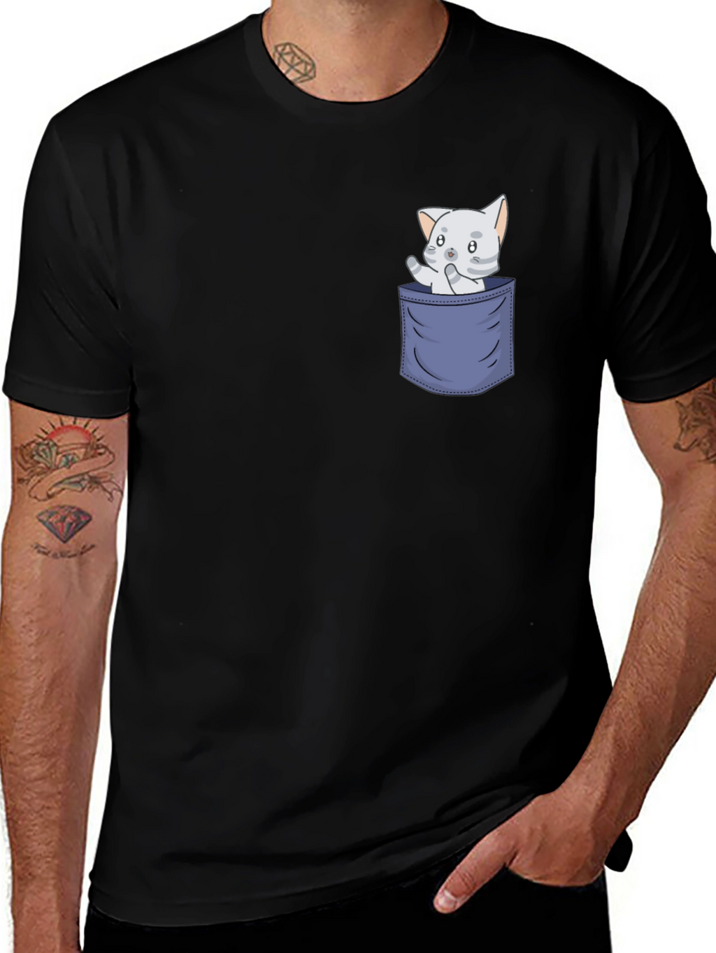 Cute Cat Pocket T-Shirt - Fun Graphic Tee