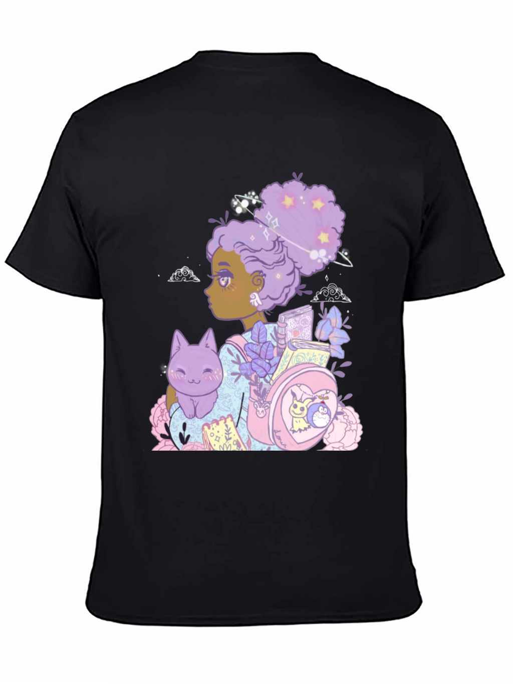 Anime Girl with Cat & Backpack Black T-Shirt