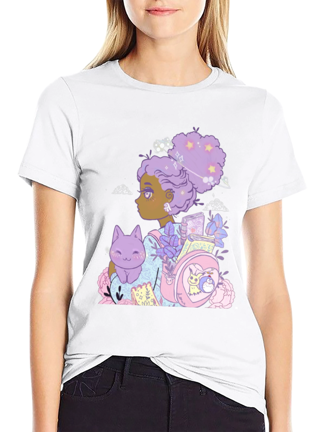 Anime Girl with Cat & Backpack Black T-Shirt