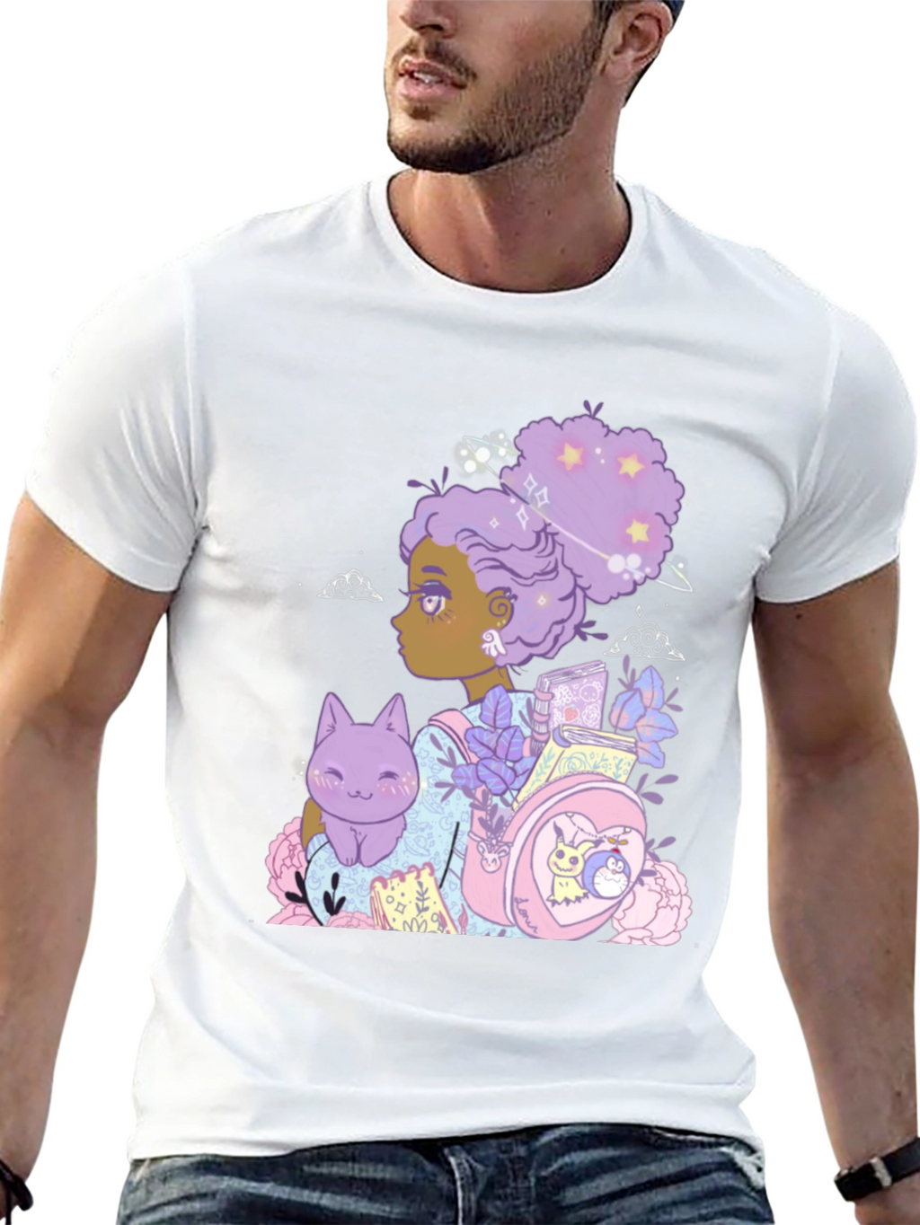 Anime Girl with Cat & Backpack Black T-Shirt
