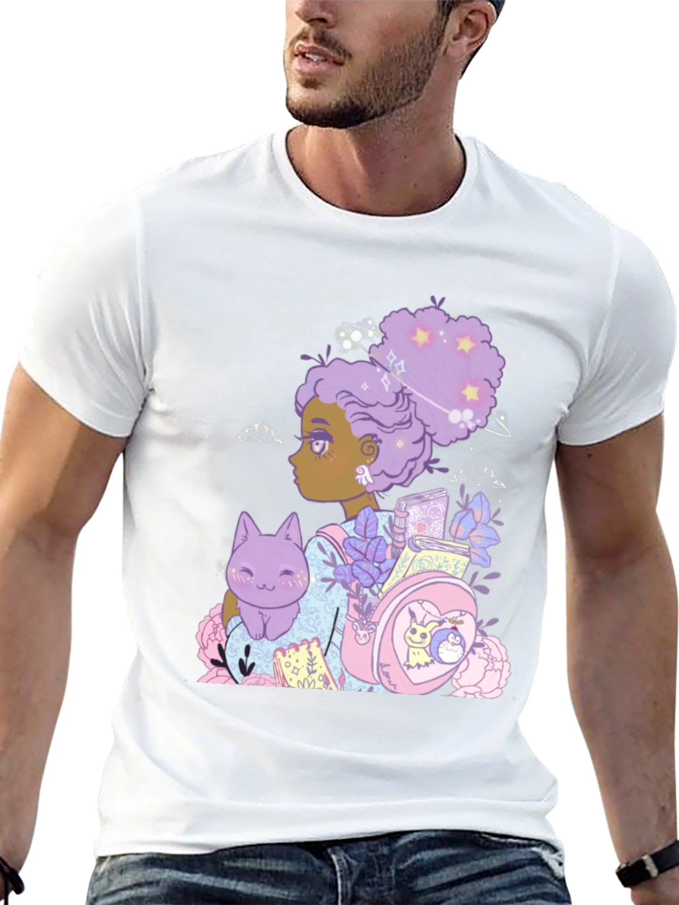Anime Girl with Cat & Backpack Black T-Shirt
