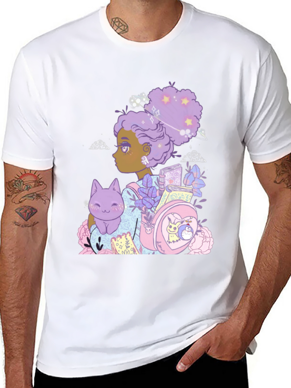Anime Girl with Cat & Backpack Black T-Shirt