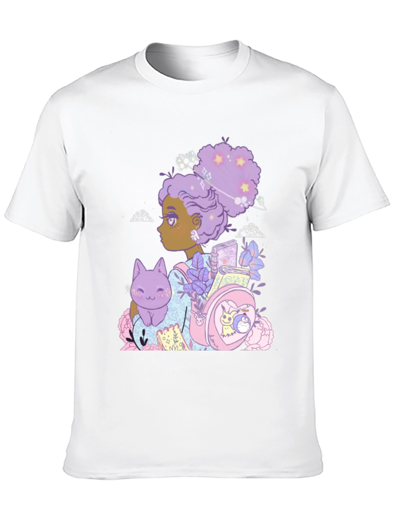 Anime Girl with Cat & Backpack Black T-Shirt