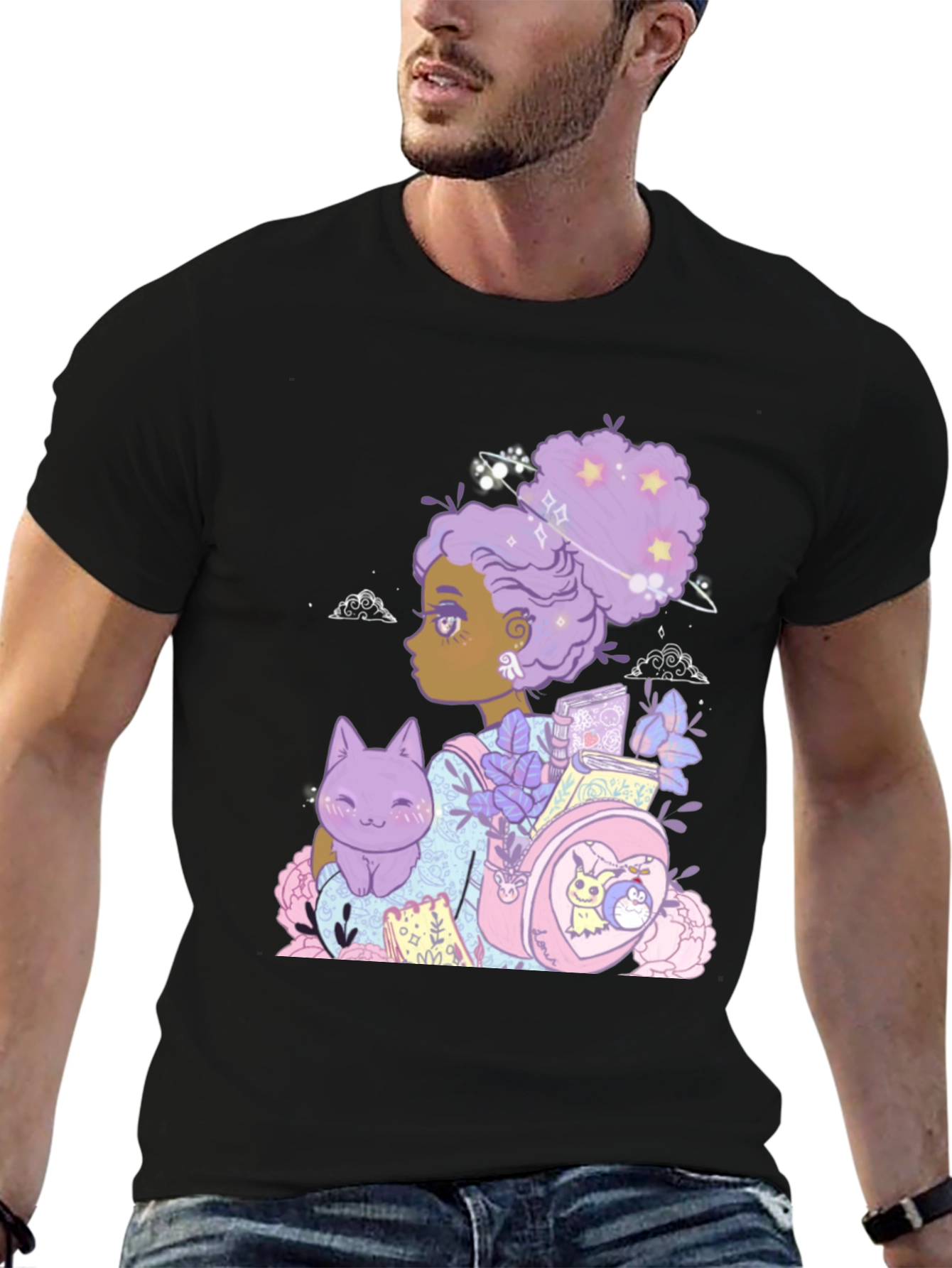 Anime Girl with Cat & Backpack Black T-Shirt