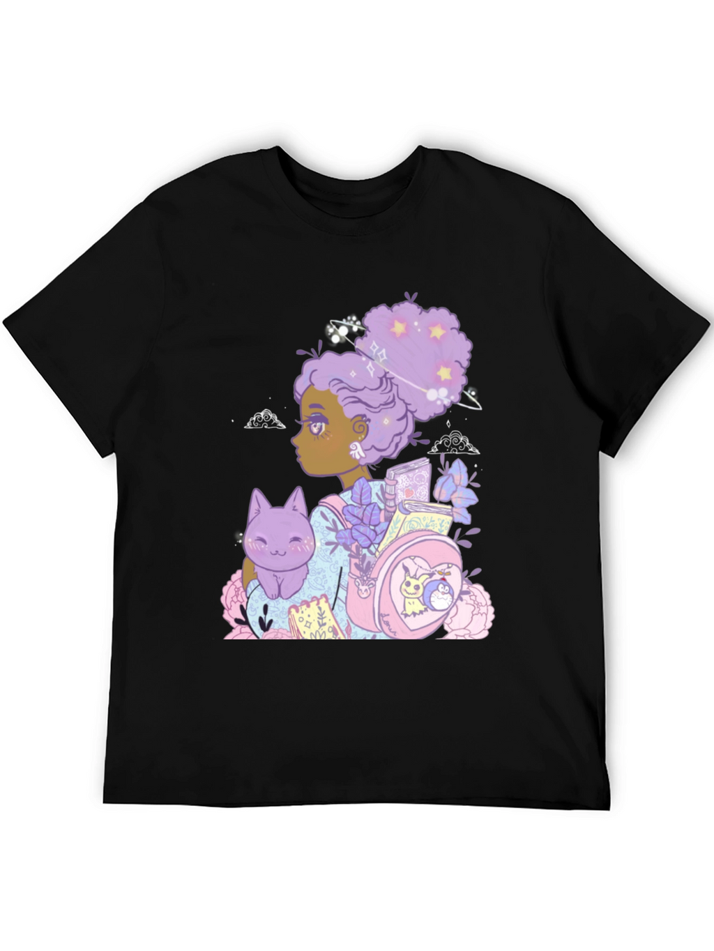 Anime Girl with Cat & Backpack Black T-Shirt