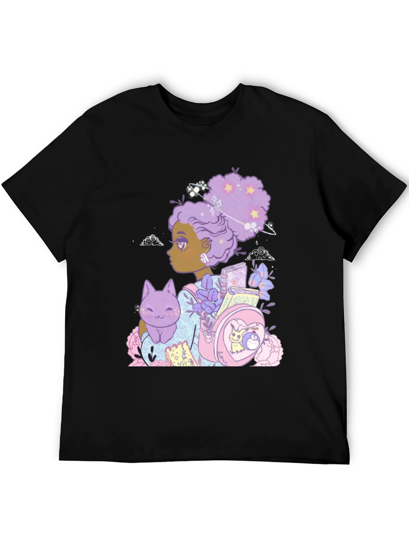 Anime Girl with Cat & Backpack Black T-Shirt