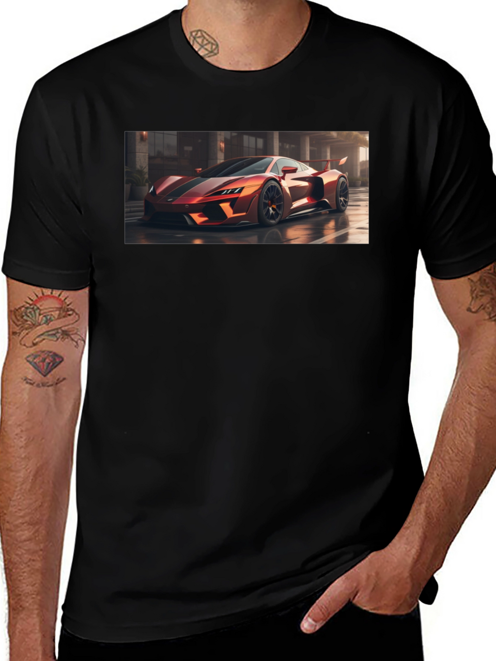 Sleek Black T-Shirt with Bold Car Graphic