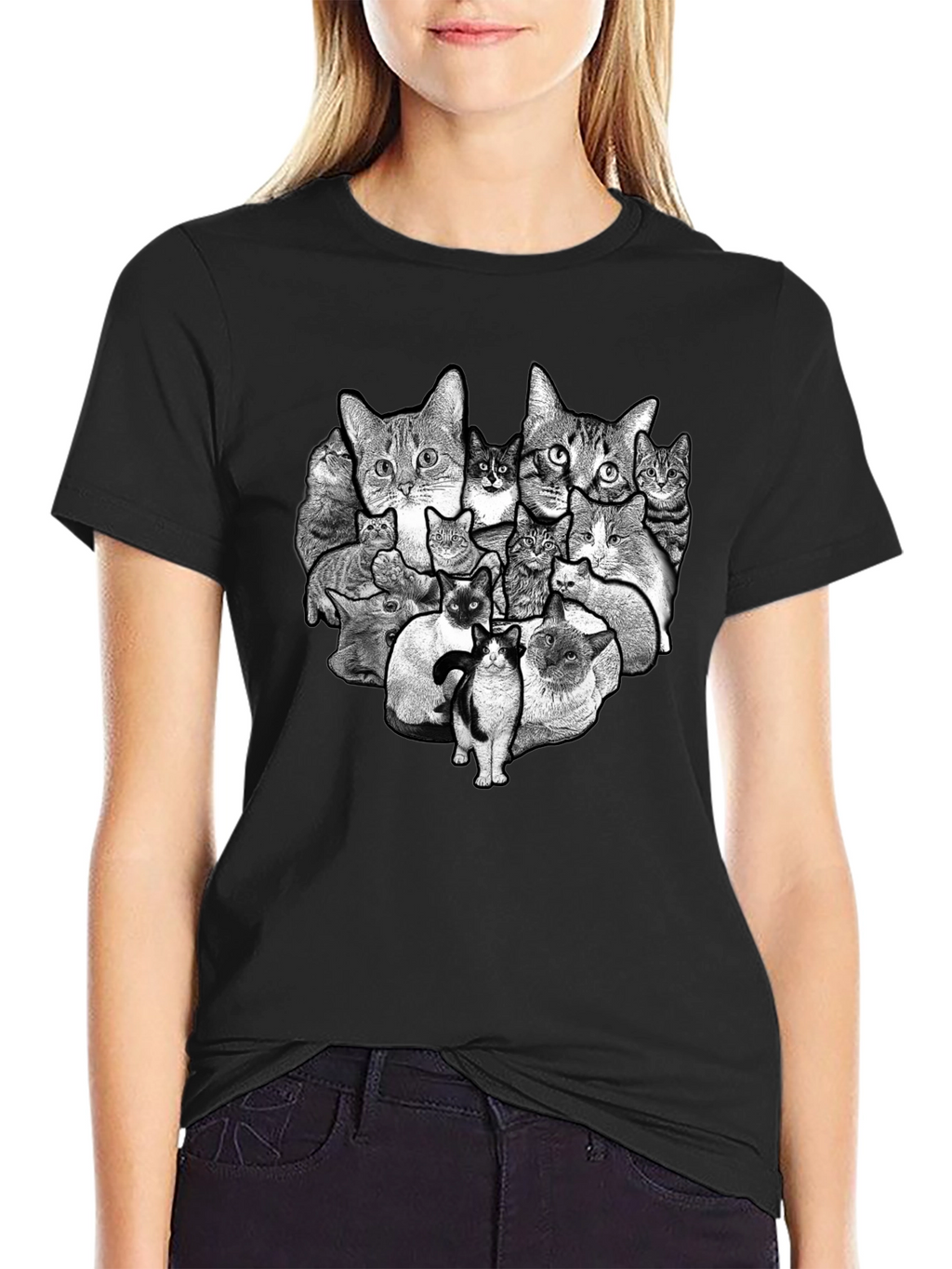 Cat Collage Graphic Black T-Shirt