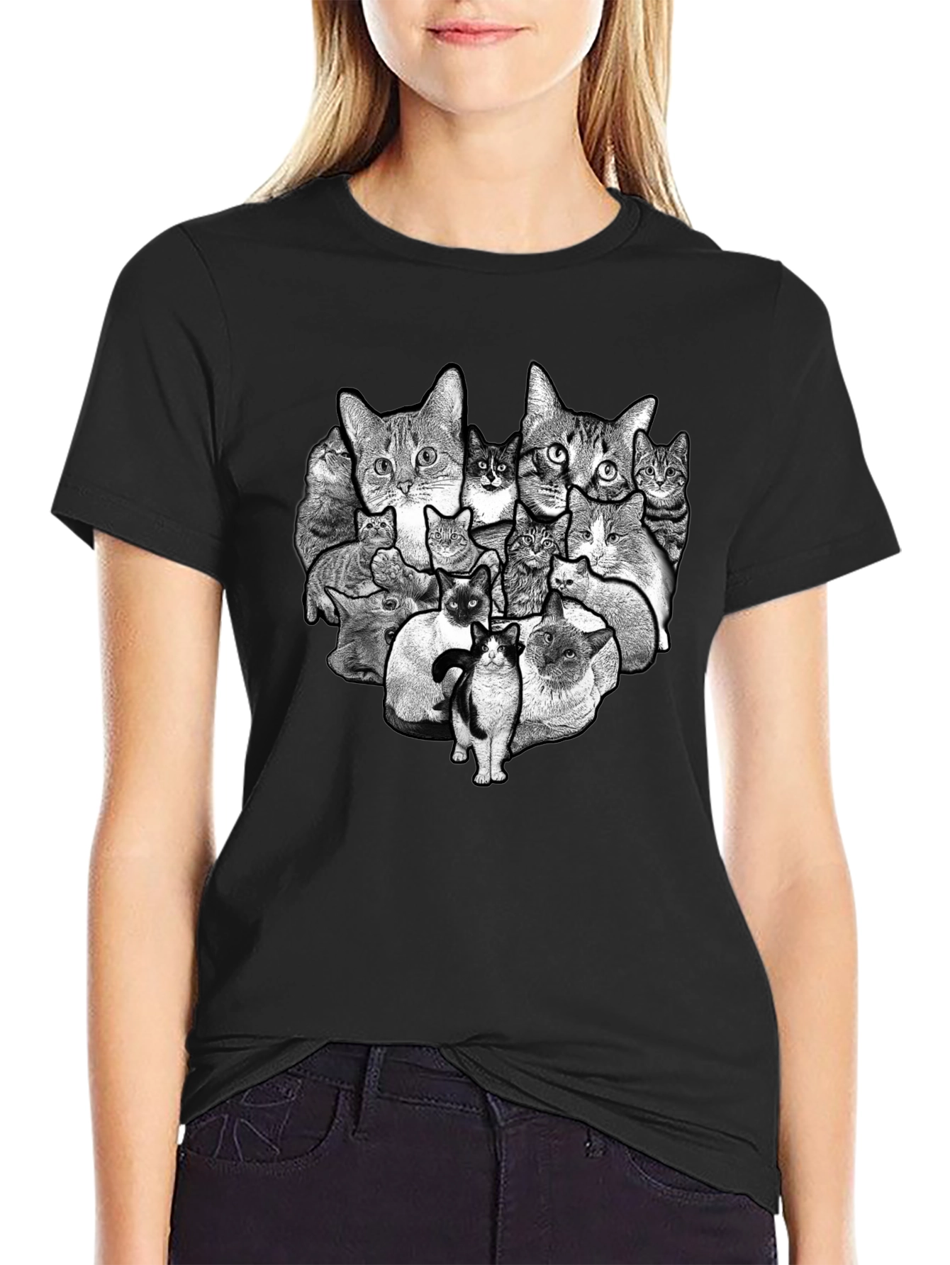 Cat Collage Graphic Black T-Shirt