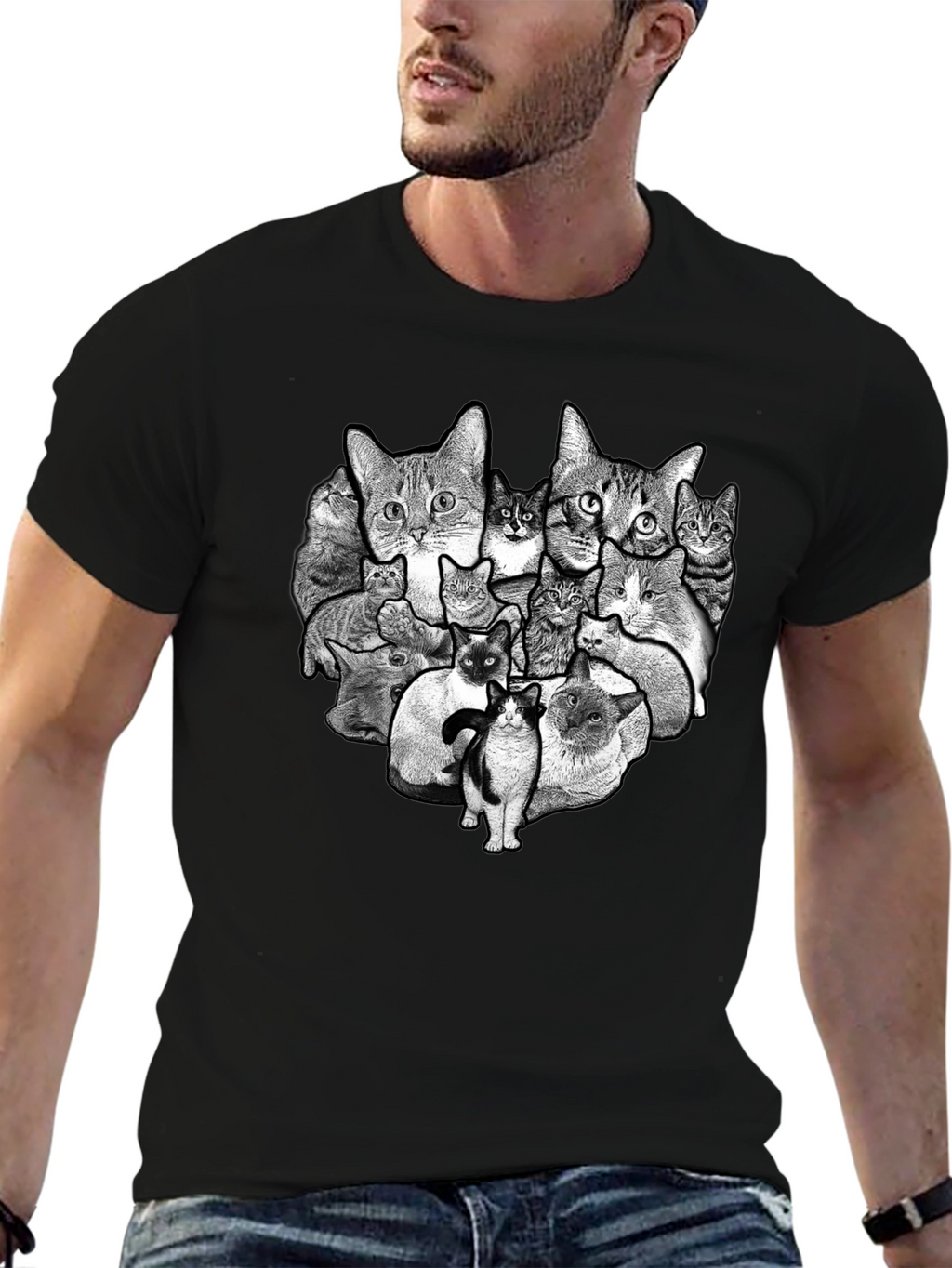 Cat Collage Graphic Black T-Shirt
