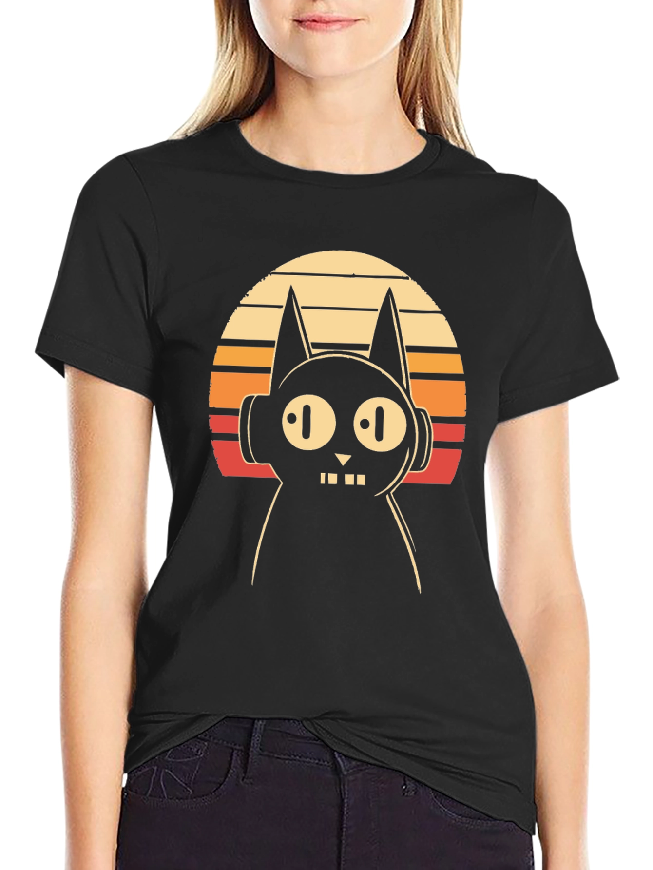 Retro Cat DJ Graphic Tee - Black Cotton T-Shirt