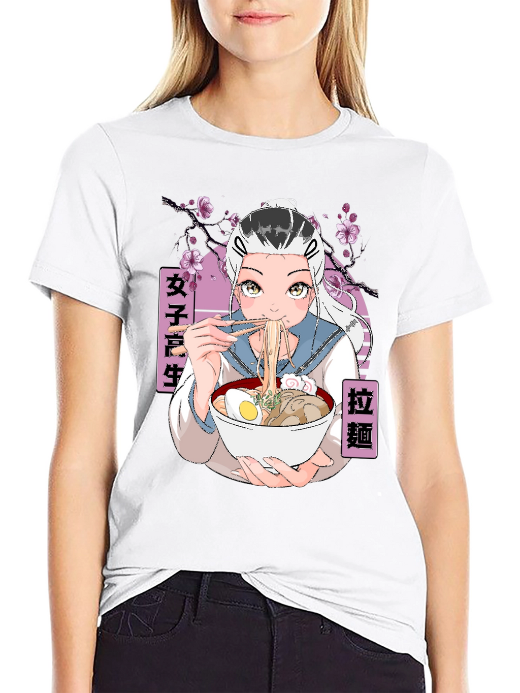 Anime Ramen Girl Graphic Black T-Shirt