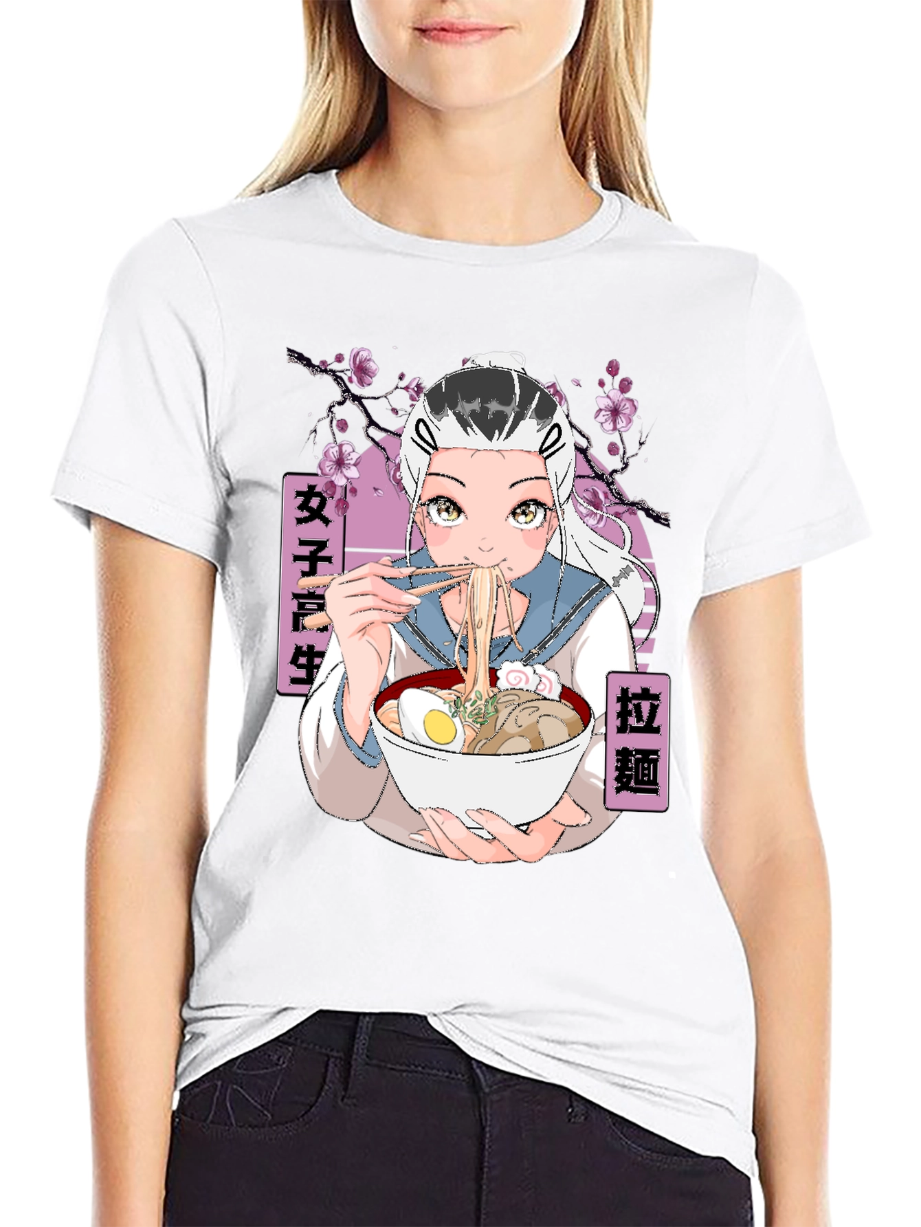 Anime Ramen Girl Graphic Black T-Shirt