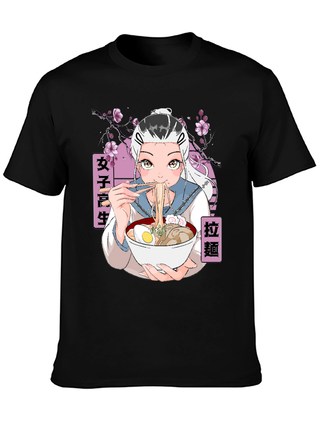 Anime Ramen Girl Graphic Black T-Shirt
