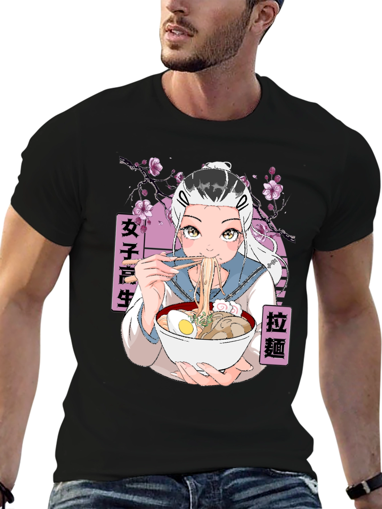Anime Ramen Girl Graphic Black T-Shirt