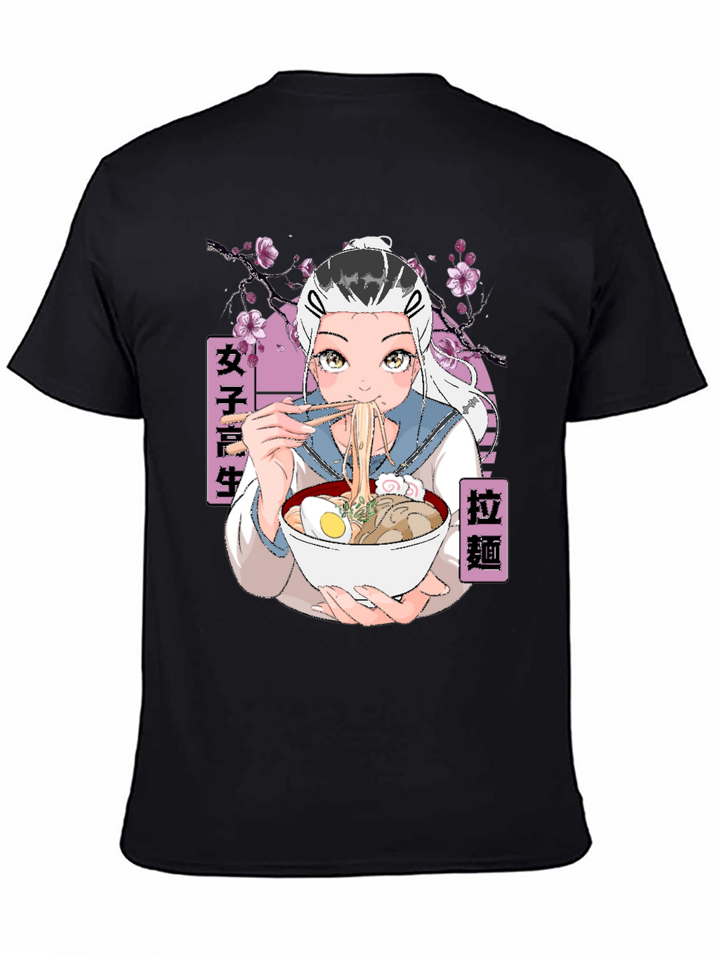 Anime Ramen Girl Graphic Black T-Shirt