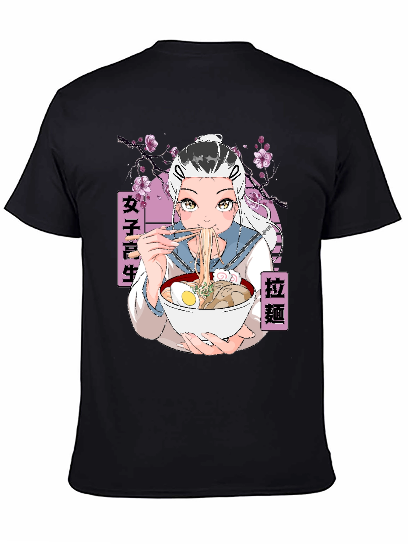 Anime Ramen Girl Graphic Black T-Shirt