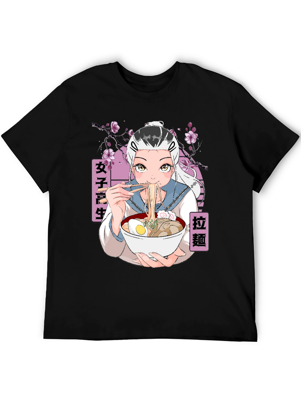 Anime Ramen Girl Graphic Black T-Shirt