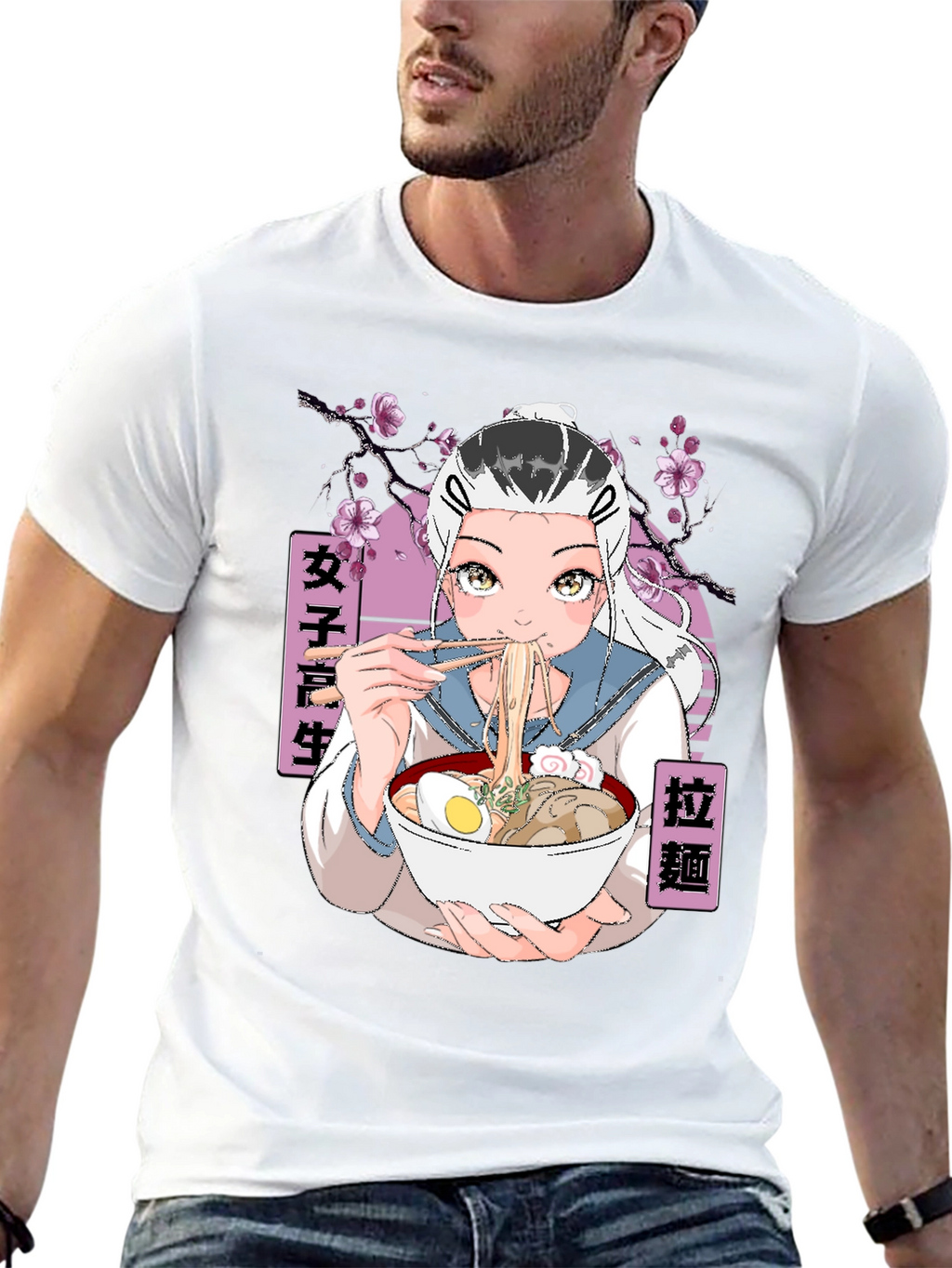 Anime Ramen Girl Graphic Black T-Shirt
