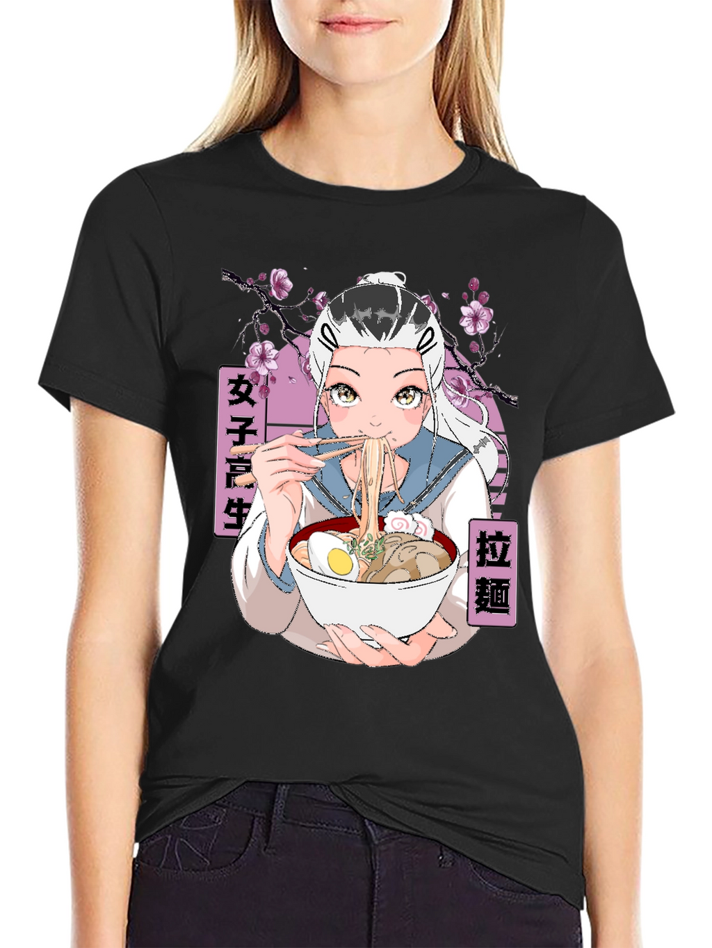 Anime Ramen Girl Graphic Black T-Shirt