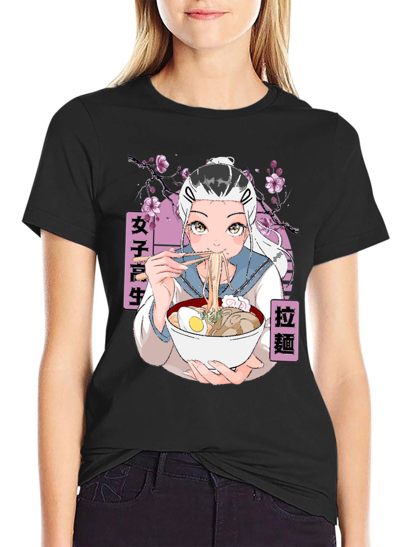 Anime Ramen Girl Graphic Black T-Shirt