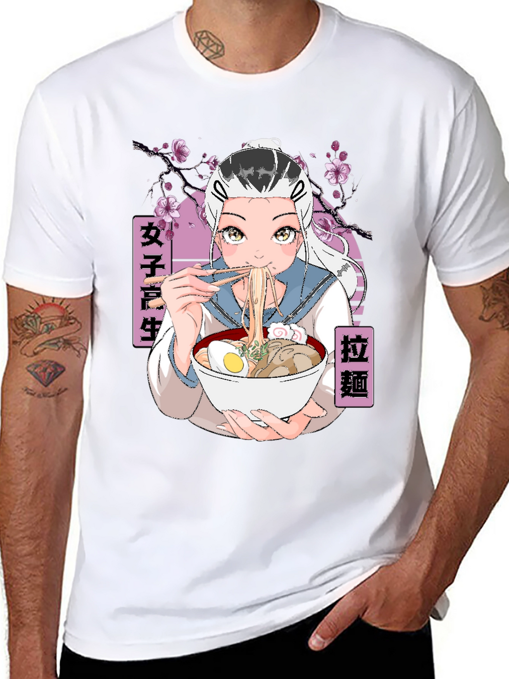 Anime Ramen Girl Graphic Black T-Shirt