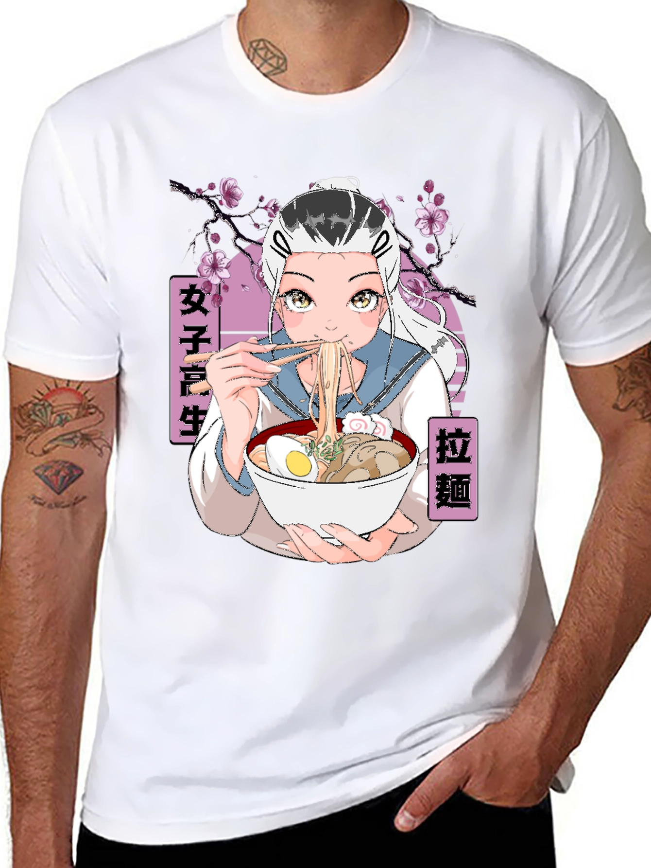 Anime Ramen Girl Graphic Black T-Shirt