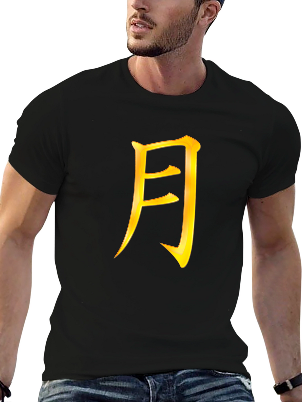 Mens Black T-Shirt with Gold Japanese Character
