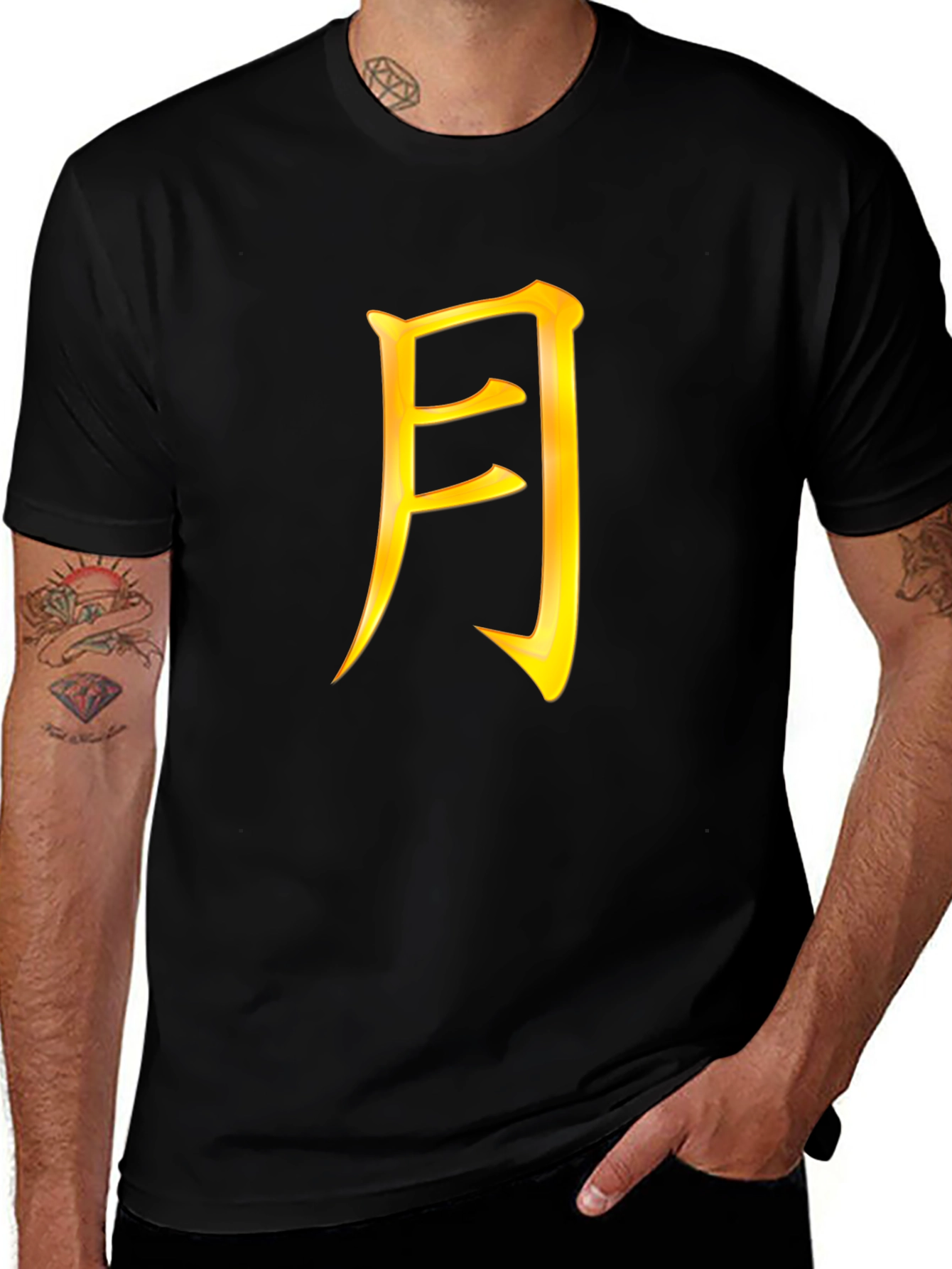 Mens Black T-Shirt with Gold Japanese Character