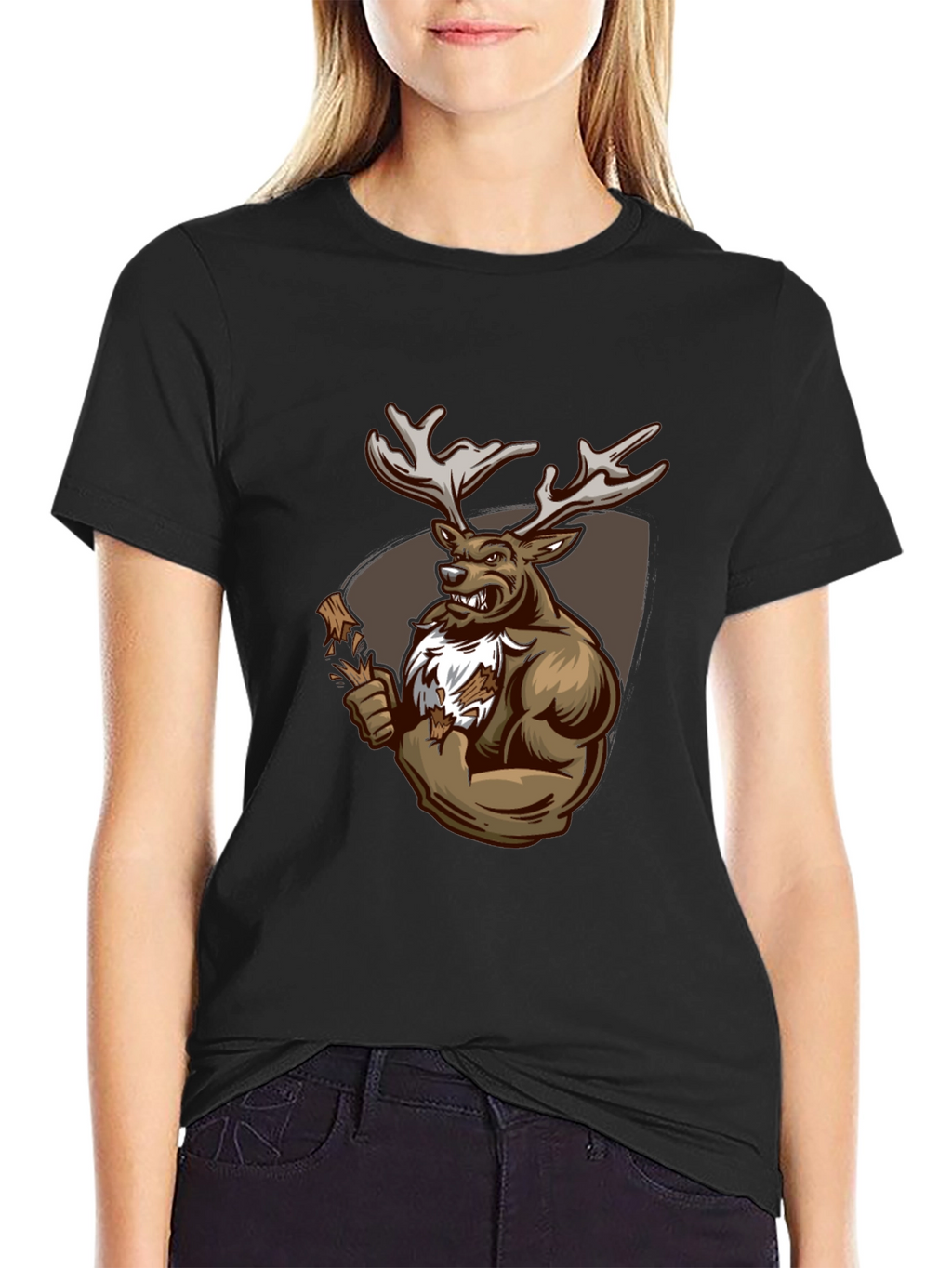 Black Graphic Tee: Muscular Deer