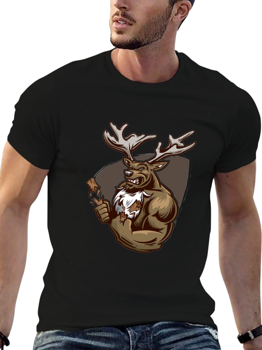Black Graphic Tee: Muscular Deer