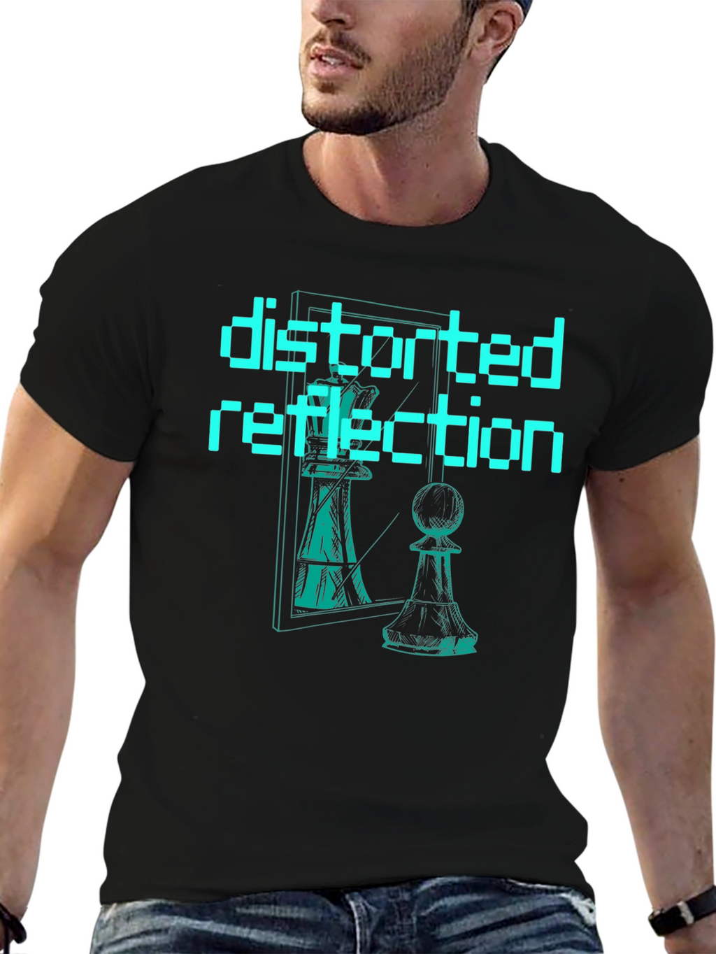 Distorted Reflection Graphic Tee - Chess Piece Illusion