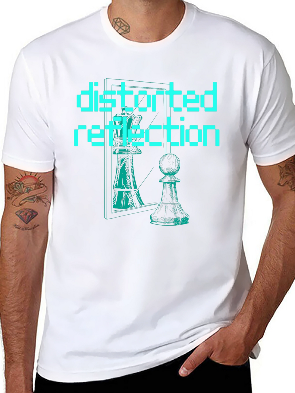 Distorted Reflection Graphic Tee - Chess Piece Illusion