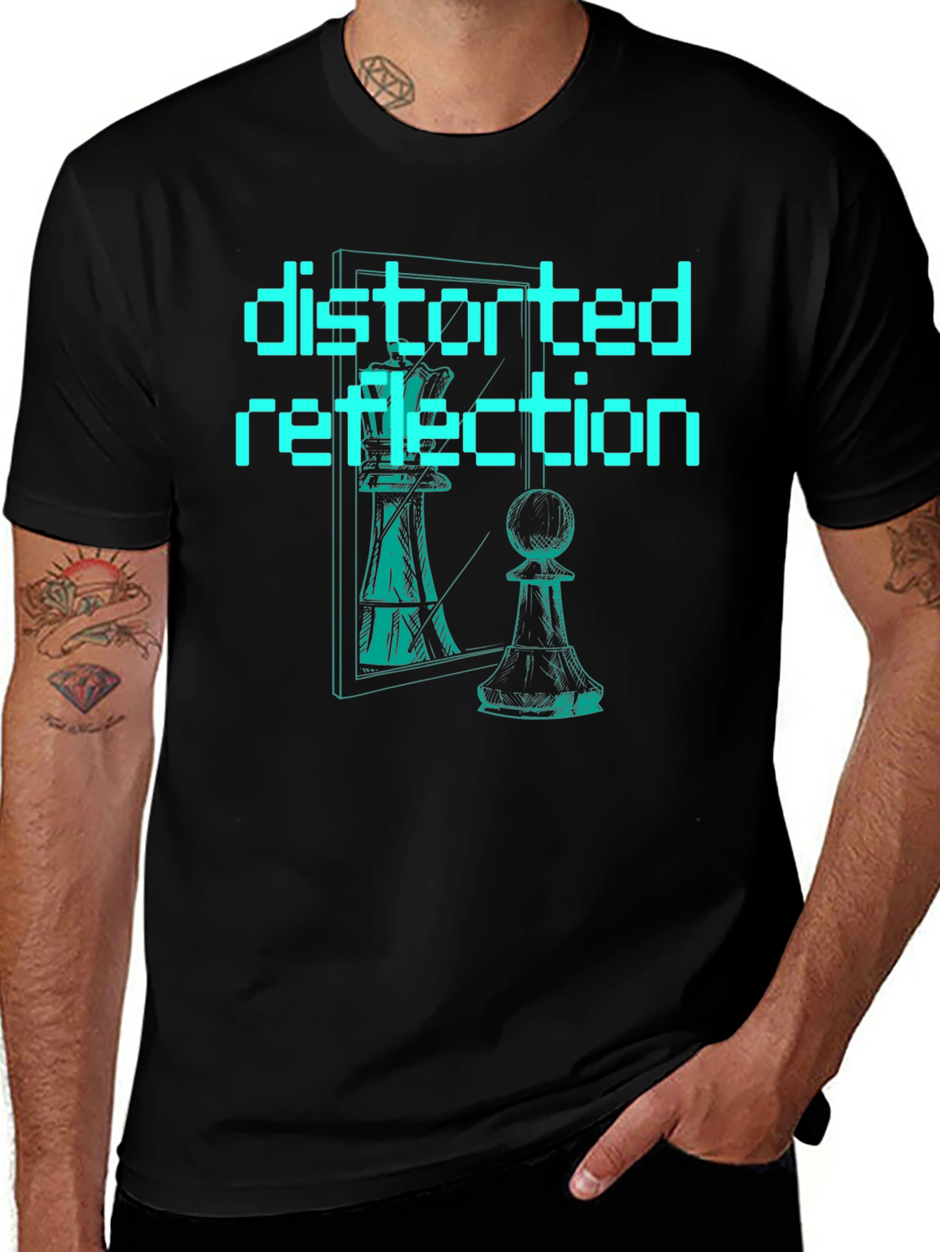 Distorted Reflection Graphic Tee - Chess Piece Illusion