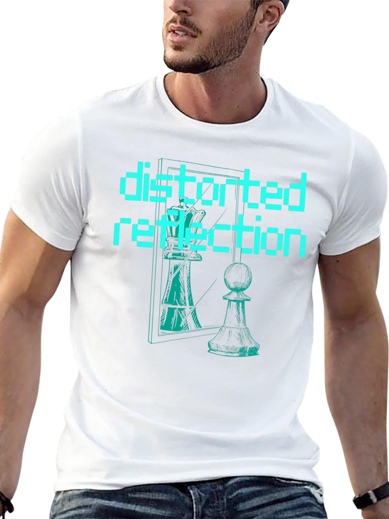 Distorted Reflection Graphic Tee - Chess Piece Illusion