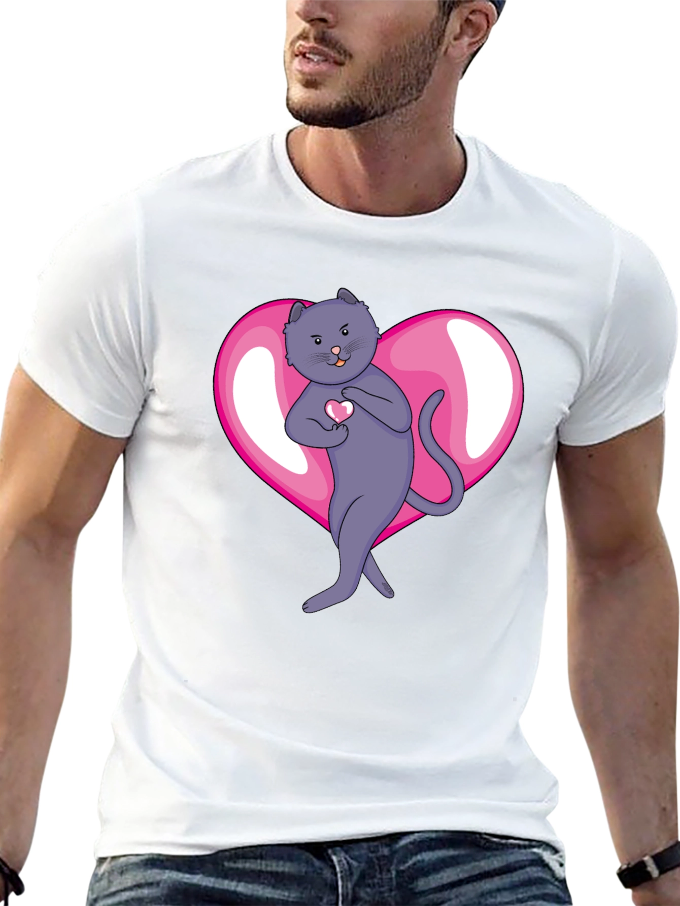 Heart Cat Graphic Tee - Mens Black T-Shirt
