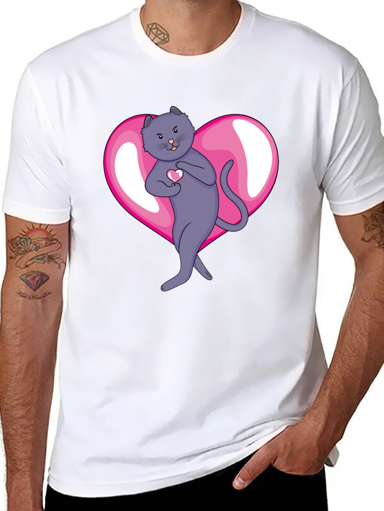 Heart Cat Graphic Tee - Mens Black T-Shirt