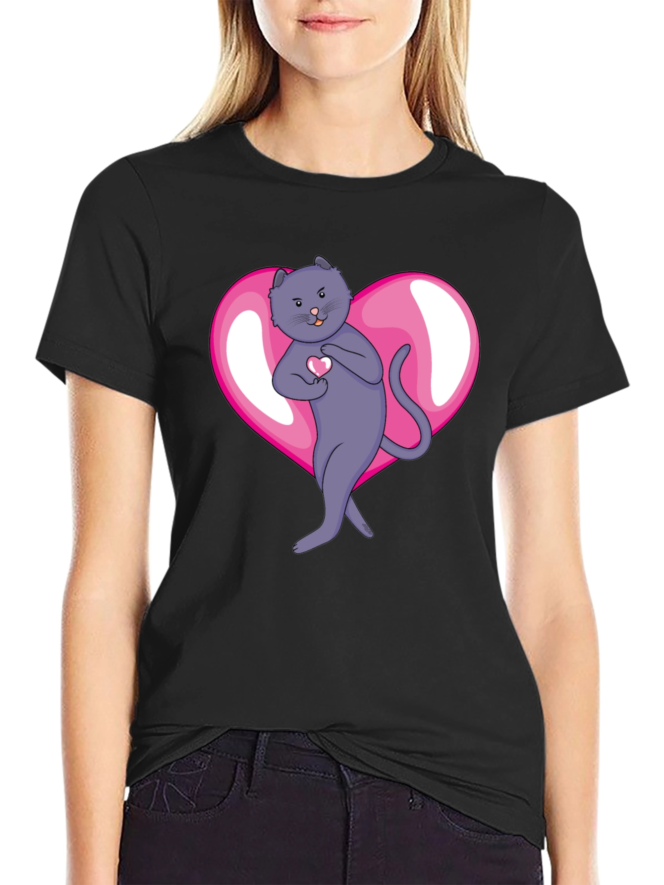 Heart Cat Graphic Tee - Mens Black T-Shirt
