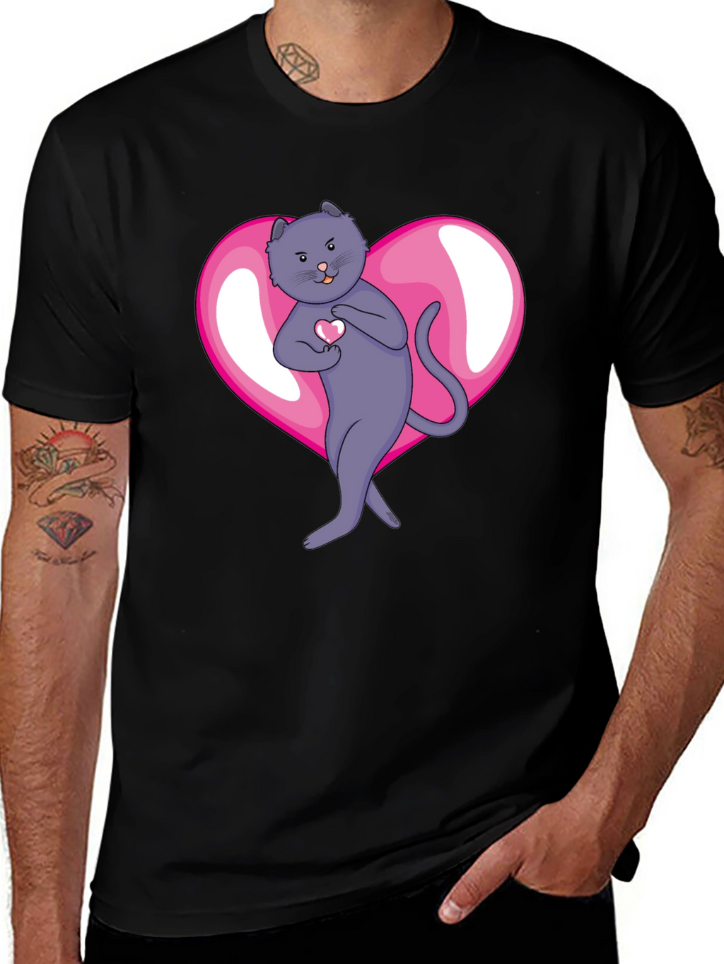 Heart Cat Graphic Tee - Mens Black T-Shirt