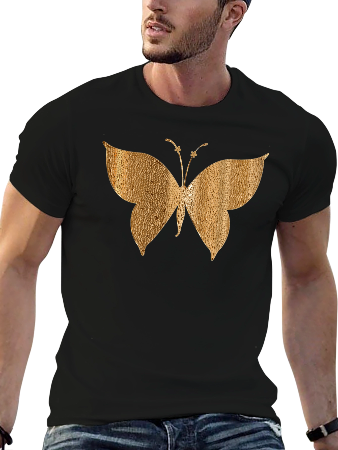 Gold Butterfly Graphic Black T-Shirt