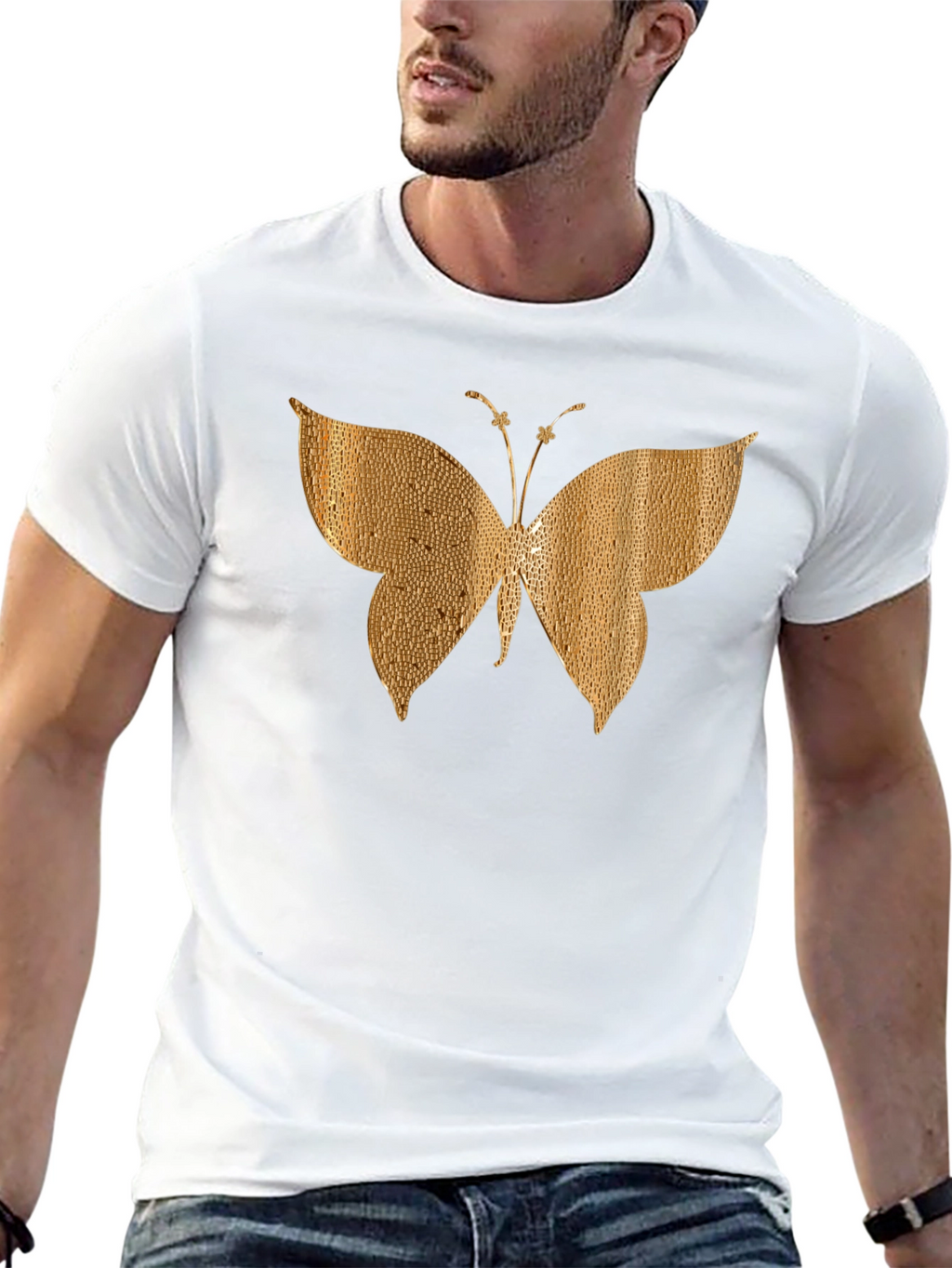 Gold Butterfly Graphic Black T-Shirt