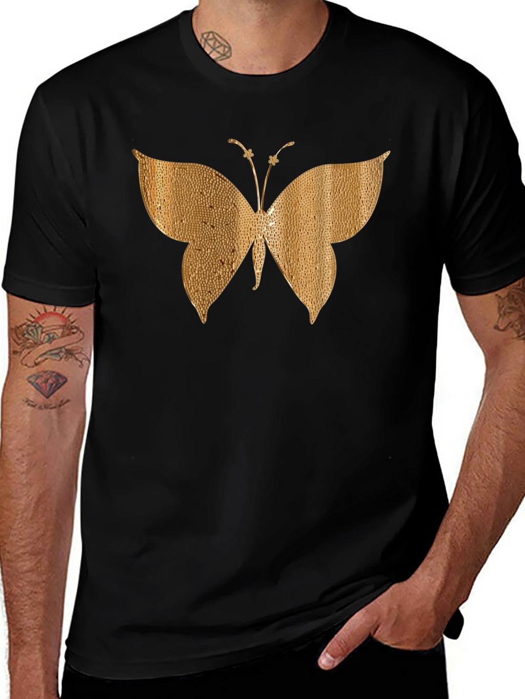 Gold Butterfly Graphic Black T-Shirt
