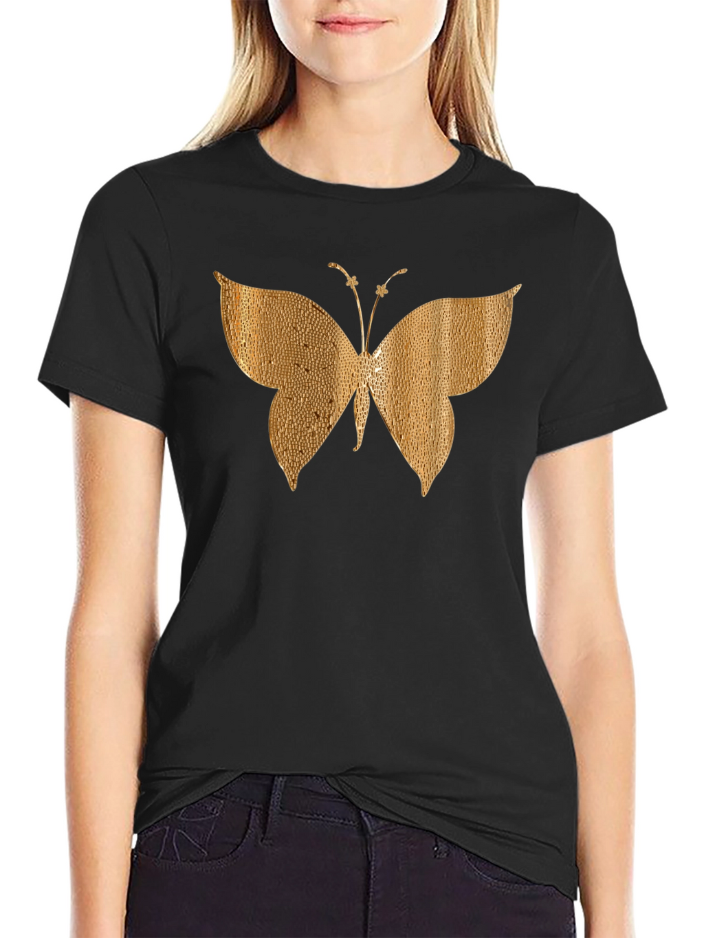 Gold Butterfly Graphic Black T-Shirt