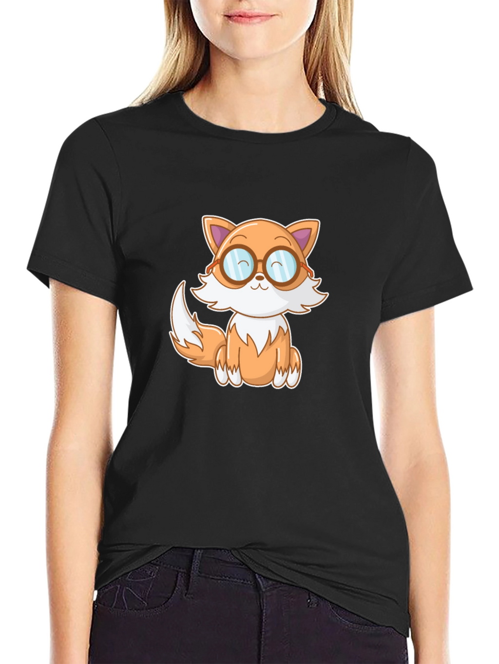 Cute Cartoon Fox T-Shirt - Black