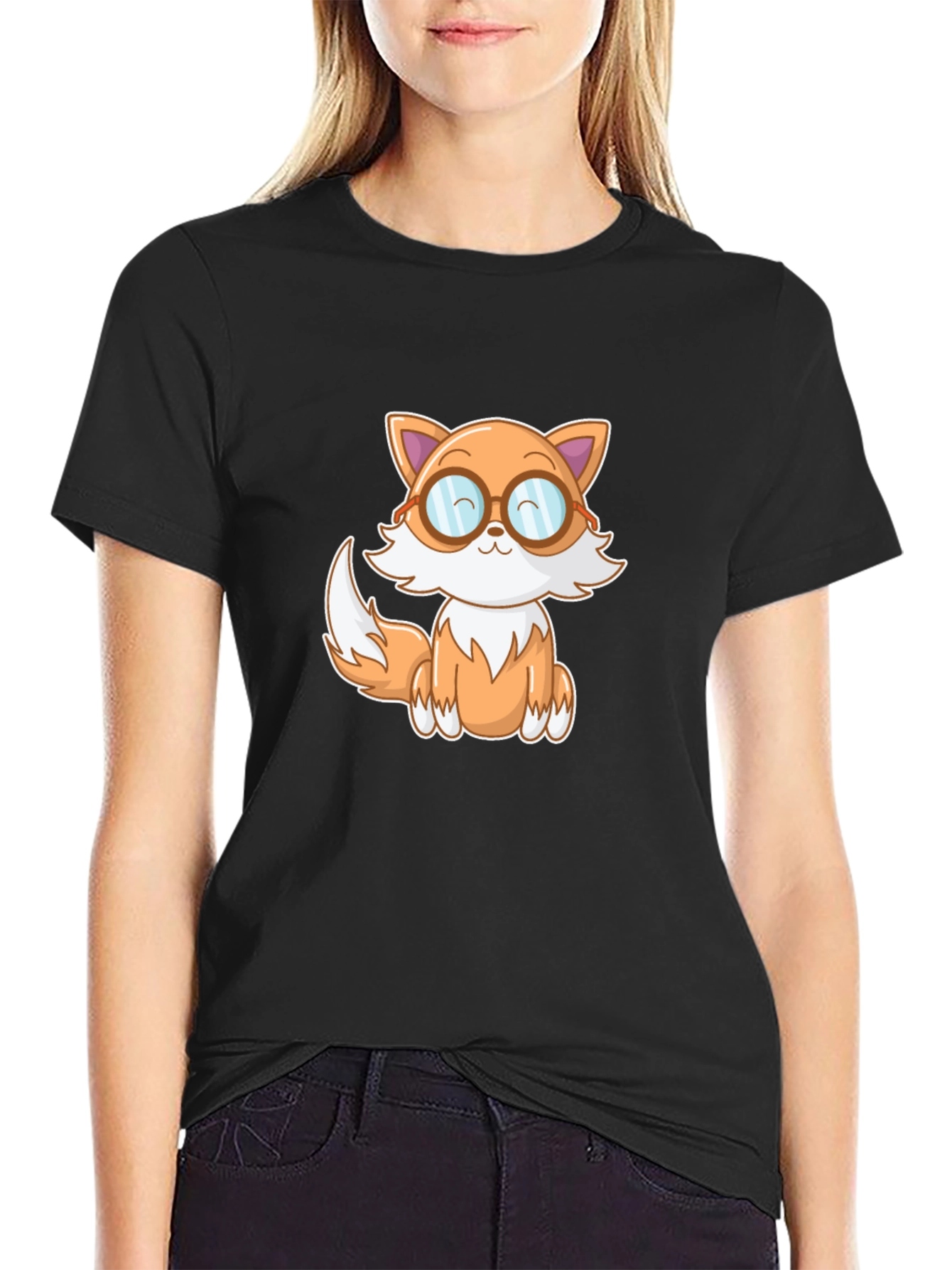 Cute Cartoon Fox T-Shirt - Black