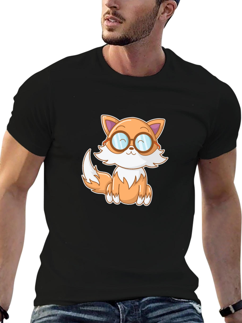 Cute Cartoon Fox T-Shirt - Black