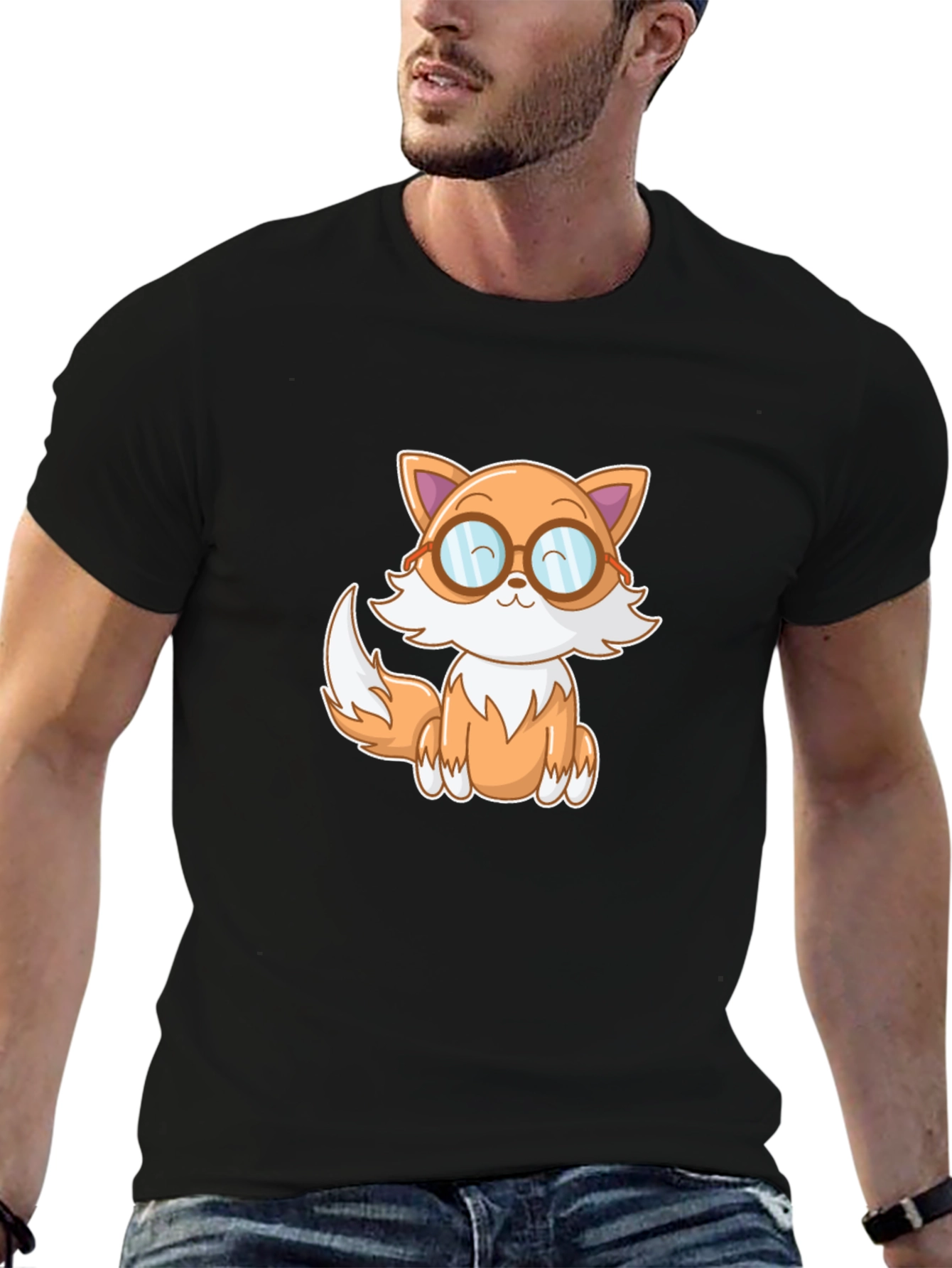Cute Cartoon Fox T-Shirt - Black
