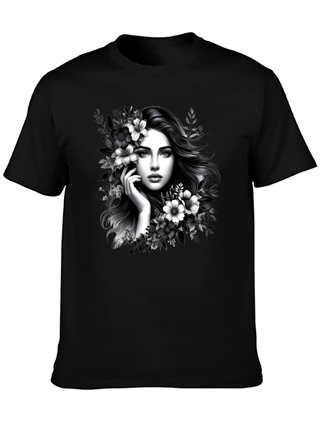 Elegant Woman Floral T-Shirt - Black