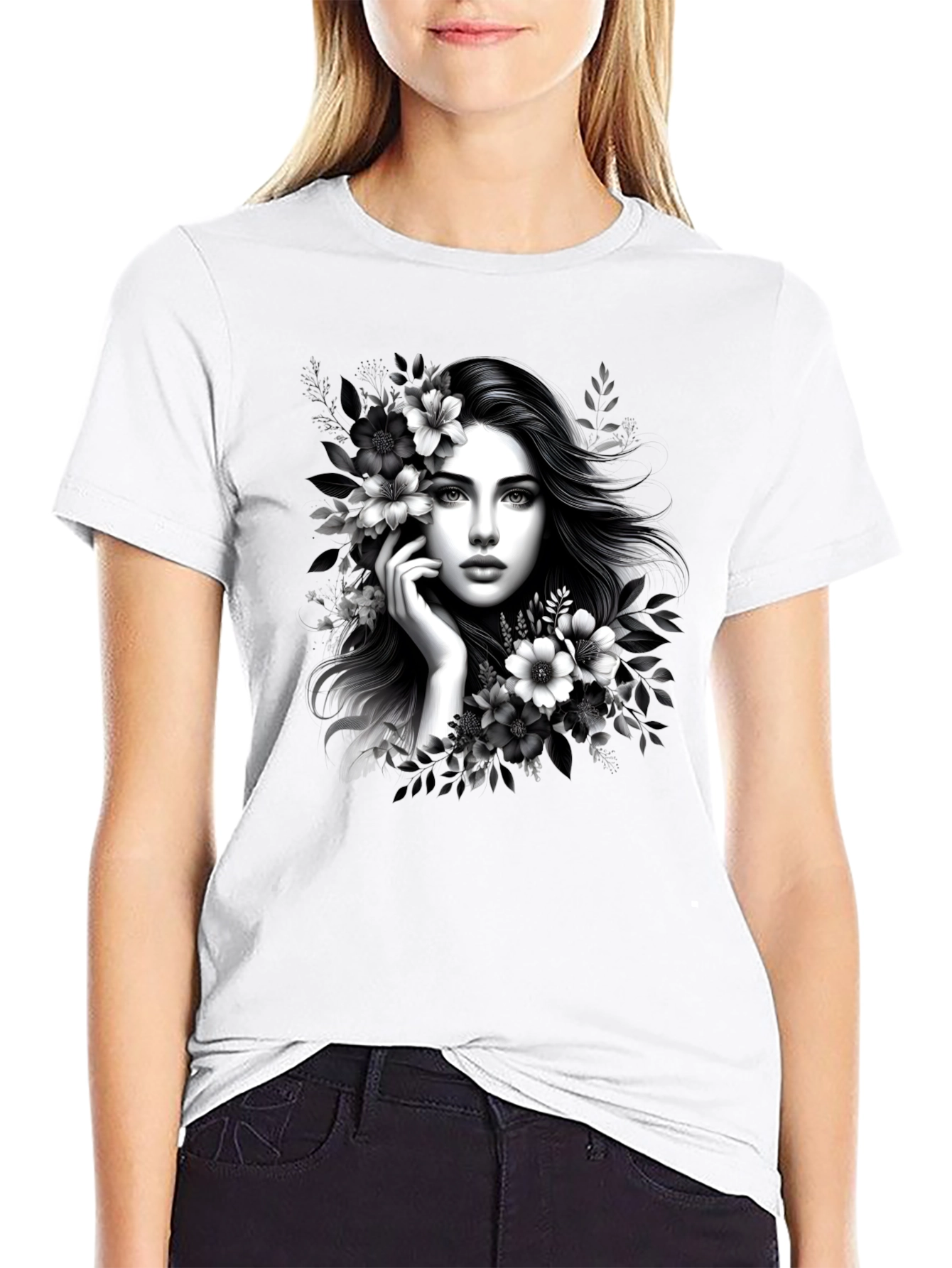 Elegant Woman Floral T-Shirt - Black