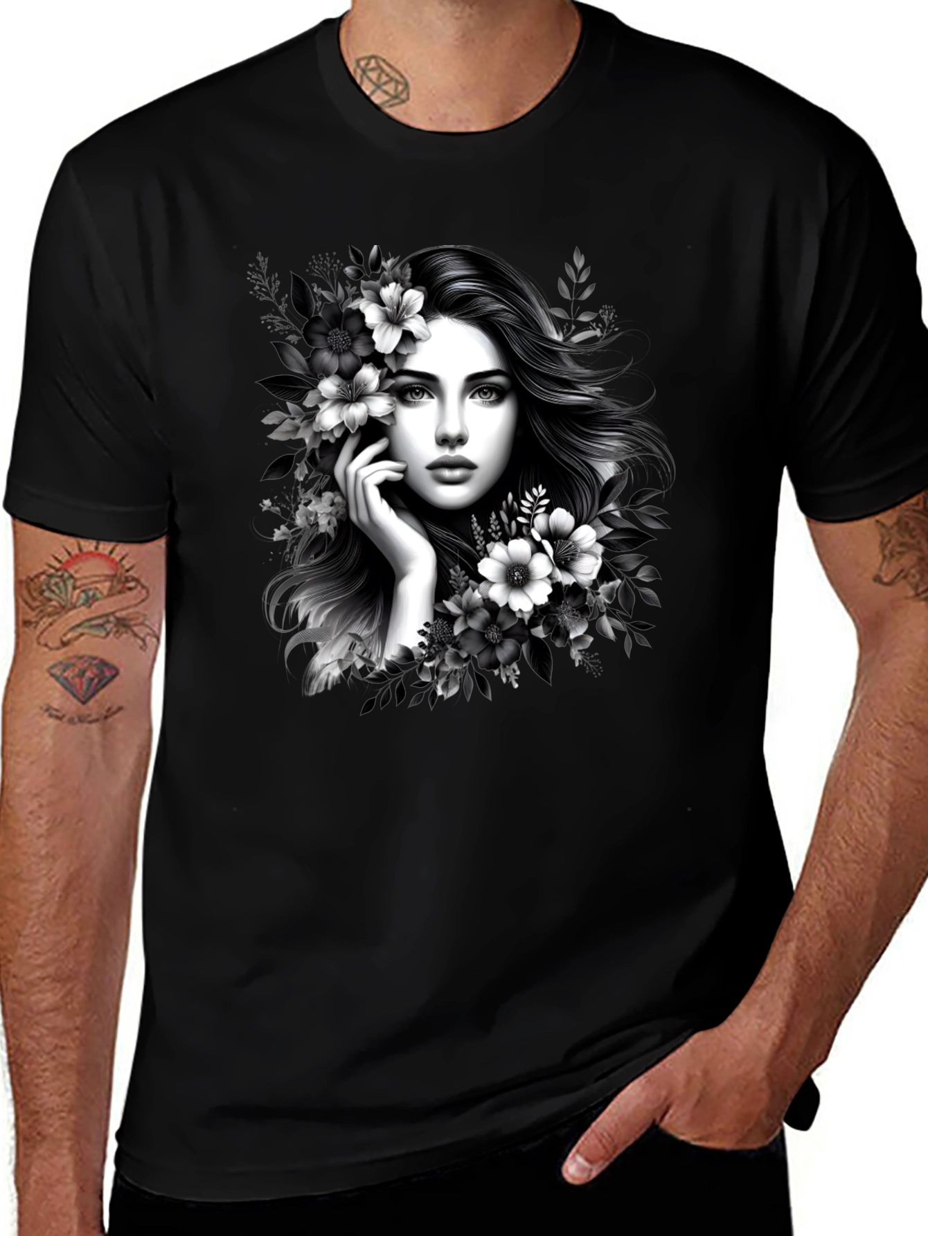 Elegant Woman Floral T-Shirt - Black